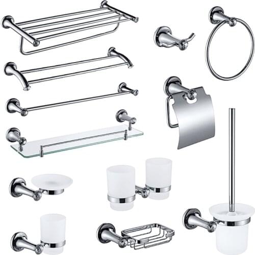 Chrome Crystal Bathroom Organize Wall Mount Towel Rail Rack Soap Paper Holder Bar Hook Toilet Brush Glass Shelf Hardware Set