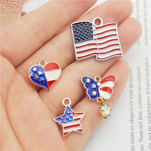 Julie Wang 4PCS Enamel American Flag Charms Star Heart Rectangle Butterfly Shape Alloy Pendant Bracelet Jewelry Making Accessory