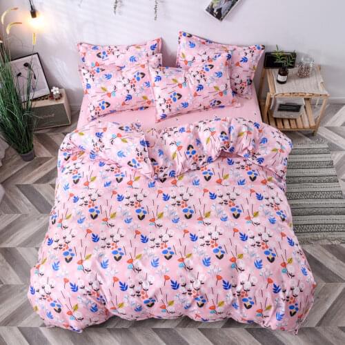 4pcs Bedding Set Cute Floral Printed Brushed Quilt Cover Bed Flat Sheet Pillowcase Soft Comfortable King Queen Bed Set