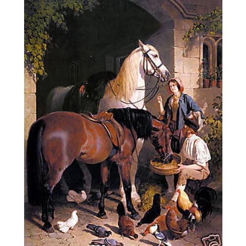 Beautiful Oil painting couples with horses in Stable with Poultry cock hen birds
