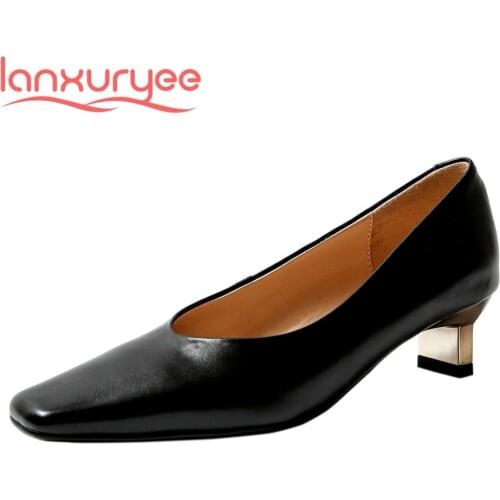 Lanxuryee recommend big size genuine leather square toe strange med heel concise style retro fashion shallow women pumps L9f2