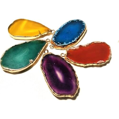 Natural Electroplated Gold Edge Agate Slice Pendant Drusy Quartz Necklace Healing Crystal Stone Pendulum Weddin Gift Home Decora