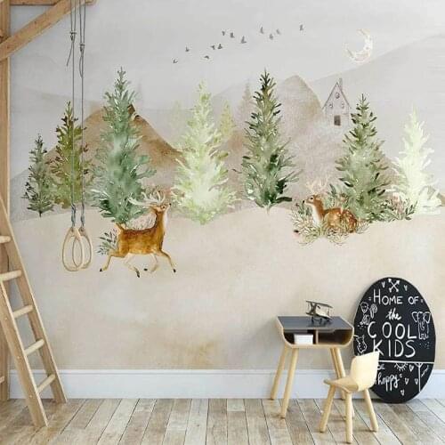 Custom Mural Wallpaper Nordic Ins Hand Painted Woods Elk Flying Bird Fresco Childrens Room Background Wall Papel De Parede 3D