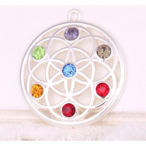 Seven Kinds Crystals Necklace Pendant Religious Mandala Buddhism Amulet Buddhist Chakra Shape Design Zinc Alloy Dropshipping