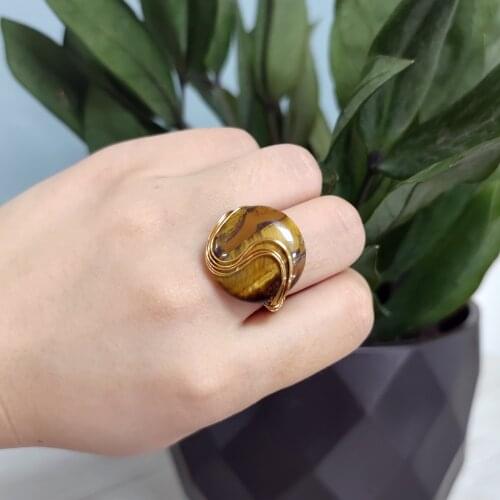 ShinyGem Baroque Tigereye Stone Ring 14K electroplated Gold Wire Handmade circular Shape Tigereye Stone Fashion Personality Ring