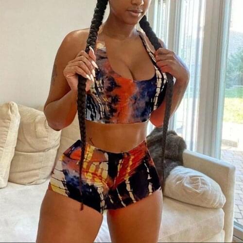 Tie Dye Shorts Sets Womens Fashion Casual Tie Print Dyed Sleeveless Vest Sports Shorts Suit Ensemble Спортивный Костюм Женск