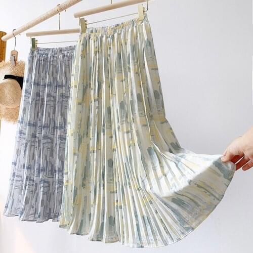 Wasteheart Summer New Yellow Gray Women Skirt High Waist A-Line Long Ankle Ruffles Sexy Casual Skirts Chiffion Pleated Floral