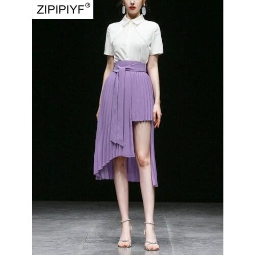 2021 Summer Runway Fashion Turn Down Neck Short Sleeve Singe-Breasted Asymmetric Bandage Pleated Skirt Noble Women Suits Z257