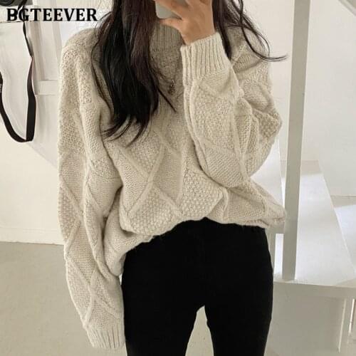 BGTEEVER Chic Casual Vintage Warm Loose Women Knitted Twisted Sweaters 2020 Autumn Winter Half Turtleneck Female Knit Jumpers
