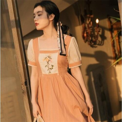 2021 Summer New Women Retro Embroidery Square Collar Dress Short Sleeve Color Matching Ruffled High Waist Sweet A-Line Dress