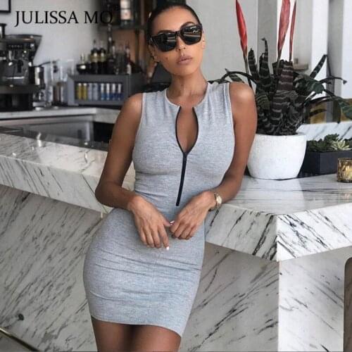 JULISSA MO Rib Knitted Sexy Summer Dress Womem Sleeveless Zipper Mini Dress Female Black Bodycon Club Wear Party Vestidos 2020