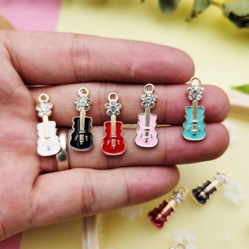 10pcs Mini Rhinestone Guitar Enamel Charms Gold Tone Metal Muscial Charms Fit DIY Earring Bracelet Hair Jewelry Accessory 9*22mm
