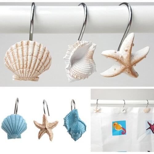 12pcs Resin Decorative Seashell Starfish Shower Curtain Hooks Hanger Rails Home Hotel Bathroom Beach Shell Decor Hook Organizer