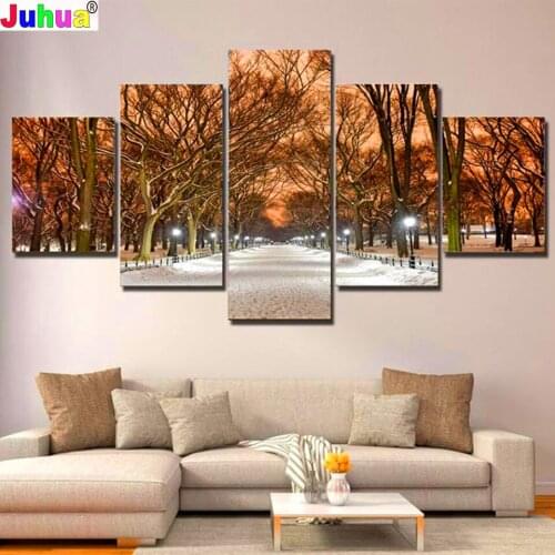 5 Panels 5D Diy Full Square Diamond Painting "Tree Snow Night" Multi-Picture Combination 3D Winter landscape Embroidery Kit