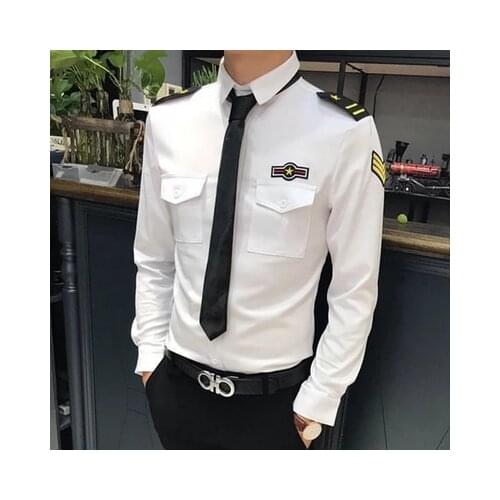Free ship New Sexy Male nightclub Personality Metrosexual captain cos long sleeves shirt with tie Mens slim shirt Asia size