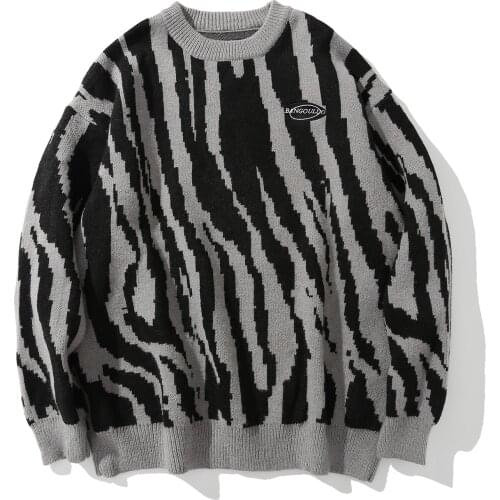 LACIBLE Harajuku Sweater Pullover Men Zebra Pattern Knitted Sweater Hip Hop Streetwear Retro Autumn Oversized loosed Pullovers