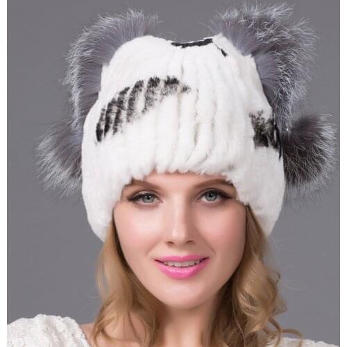 Top Selling High Quality Rabbit Hair Knitted Womens Real Fox Fur Hat Thickened Autumn and Winter Warm Female Casual Knitted Cap