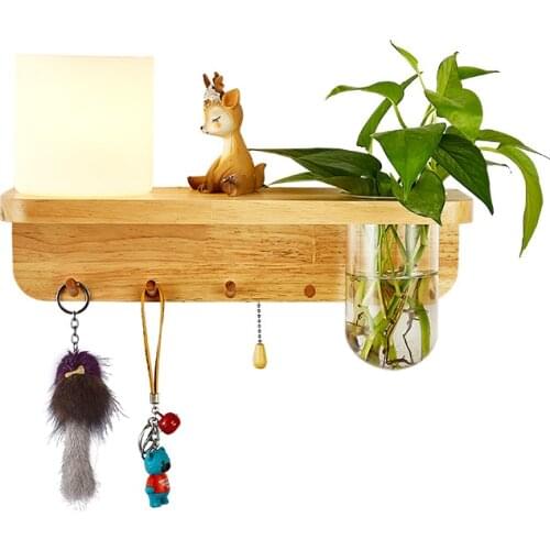 New Nordic Interior Bedroom Green Plant Wall Lamp Creative Balcony Living Room Wood Base LED Corridor Wall Light