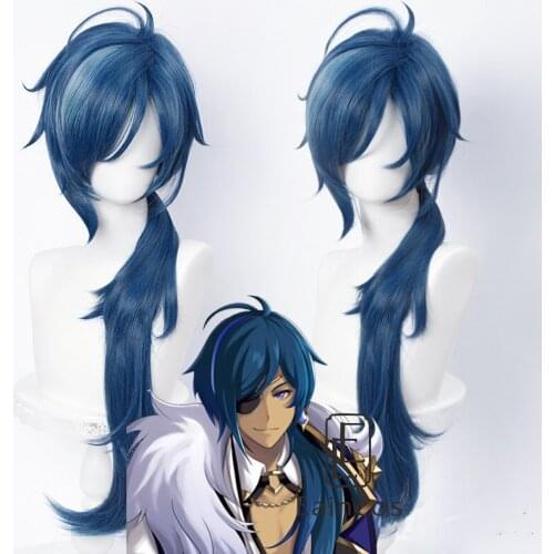 Kaeya Cosplay Wig Genshin Impact Men 80cm Long Ink-Blue Hair Anime Cosplay Halloween Heat Resistant Synthetic Wigs