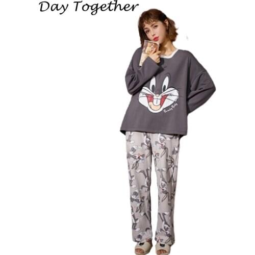 Couples Matching Pajama Trousers Print Cartoon Cotton Long Sleeve Sleepwear Suit Men and Women Home Clothes
