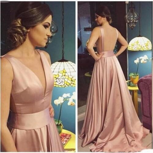 Sexy Cheap Prom Dresses Deep V Neck Formal Occasion Evening Gown vestidos de gala A-Line Long Satin Backless Party prom Dress