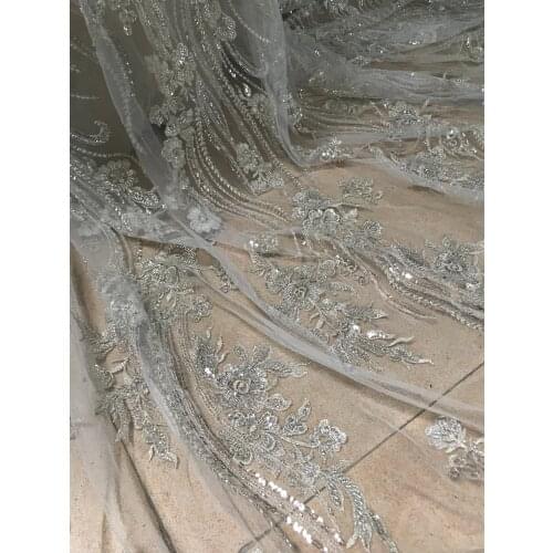 Heavy beaded embroidered net lace fabric african tulle lace S-32687 with beads for wedding dress