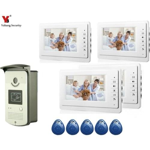 Yobang Security 7" Video Intercom Door Phone System With 4 White Monitor 5 RFID Card Reader HD Doorbell Camera