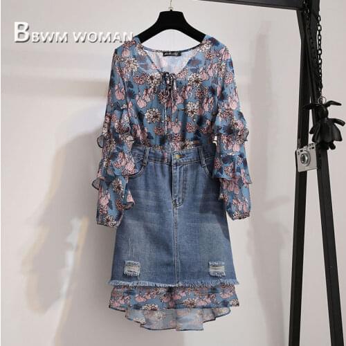 2019 Floral Print Women Sets Autumn Long Sleeve Blouse And Denim Skirts Female Sets