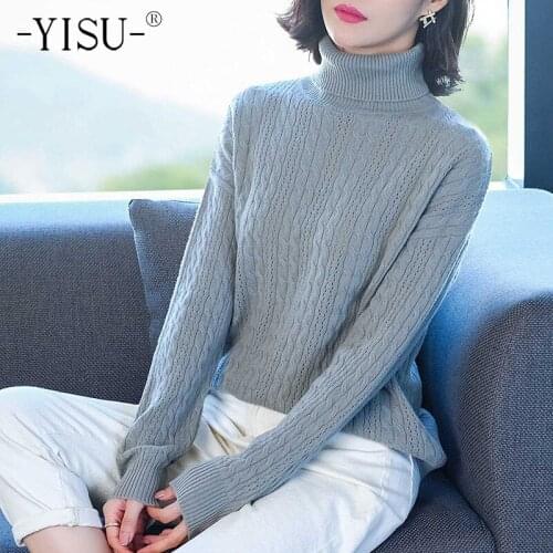 YISU Women Sweater Turtleneck Knitted pullover Casual Female Winter tops Long sleeve Jumper Warm Solid color 100% wool Sweater