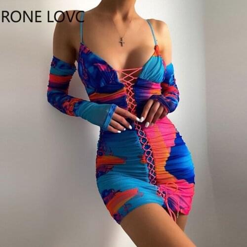 Women Cami Lace up Hollow out Tie Dye Bodycon Summer Sexy Party Dress