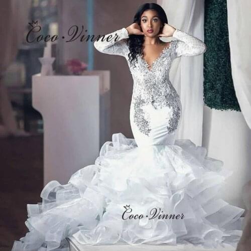Full Sleeves V Neck Dubai Mermaid Wedding Dresses 2021 New Arrival Organsa Ruffles Custom Made Wedding Gown Women W0702