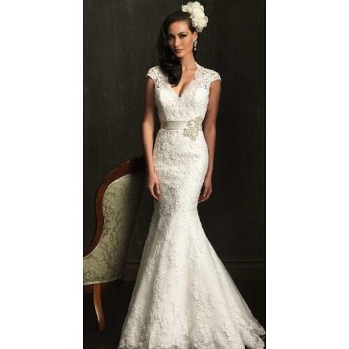 Free shipping fashion robe de soiree 2018 new cap sleeves vestido de noiva mermaid lace appliques bridal gown wedding dress