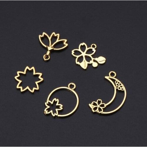 5Pcs Cherry Flower Open Bezel Charm Pressed Flower Blank Frame Hollow Pendants MXME