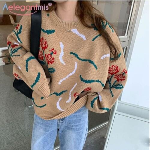 Aelegantmis Vintage Oversized Print Sweater Women Cozy Rose Flower Knitted Pullover Loose Casual Korean Jumpers Chic Harajuku BF