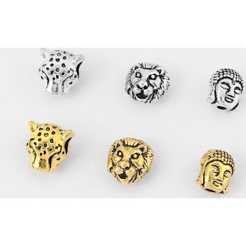 20PCS Vintage Silver Gold color Buddha/Lion/Leopard Slider Beads Spacer For1mm 2mm 4mm Round Leather Cord Spacer Jewelry Making