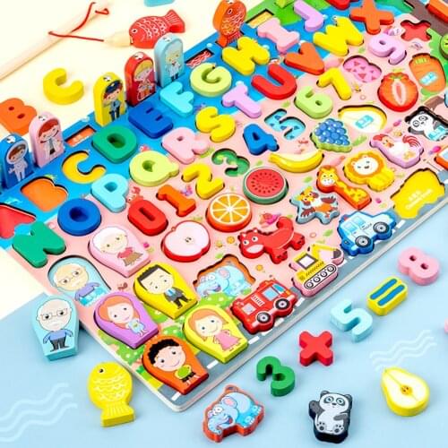 Wooden Montessori Toys Fruit Digital Alphabet Animal Traffic Figure Matching Puzzle Preschool Busy Board Educational Kids Toys