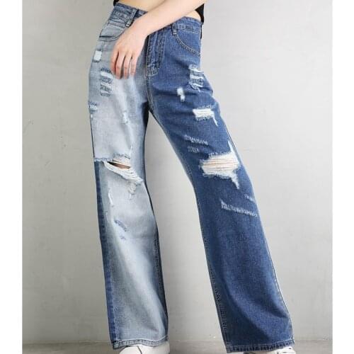 Patchwork Hit Color Straight Wide Leg Jeans Women Streetwear Blue Denim Pants Boyfriend High Waist Ripped Cowboy Trousers