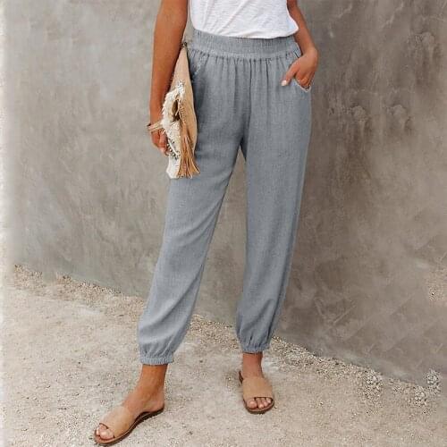 Summer Solid Color Pocket Contton Linen Elastic Waist Sweat Pants Women Streetwear Plus Size Jogging Casual Long Trousers