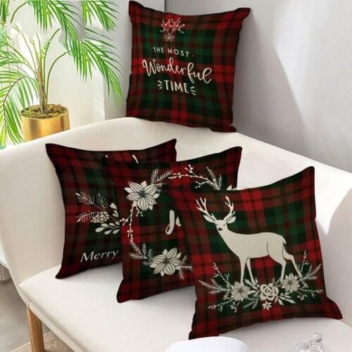 Nanacoba Christmas Cushion Cover Red and Green Plaid Classic Pillowcase Square Printed Deer Wreath Throw Pillows Case Home Decor