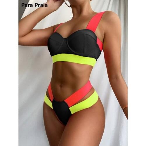 Para Praia 2021 New High Waist Swimsuit Women Patchwor Bathing Suit Push Up Two Pieces Swimwear Bandage Bikini Biquini Summer
