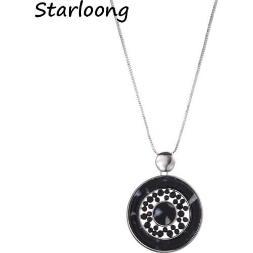 New Fashion Round Circle Resin with Rhinestone Beads Statement Alloy Penadant Long Chain Necklace for Women Sweater Necklace
