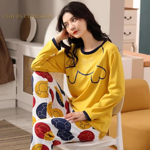 Autumn Sleep Lounge Pajama Long Sleeved Top Polka Dots Women Pajama Sets Cartoon Pyjamas Cotton Sleepwear Women M L XL XXL XXXL