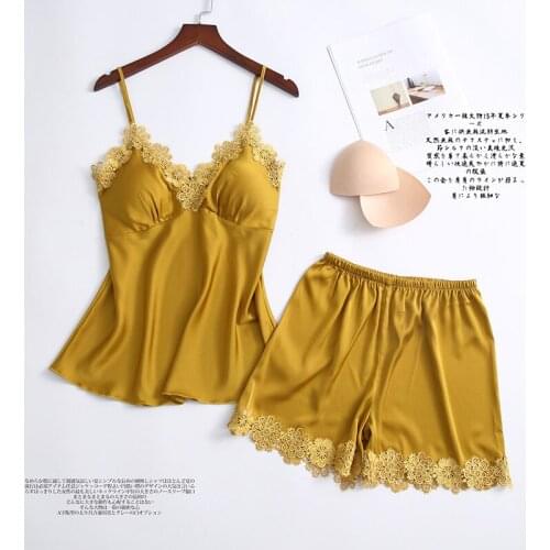 Pyjama Sets Femme Women V-Neck Silk Lace Satin Camisole Pajamas Sexy Lingerie Sleepwear Shorts Set pijama mujer
