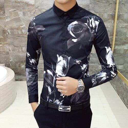 New mens personality fashion printed shirt, mens casual long-sleeved shirt, tight casual 3D printed shirt men black white 4XL