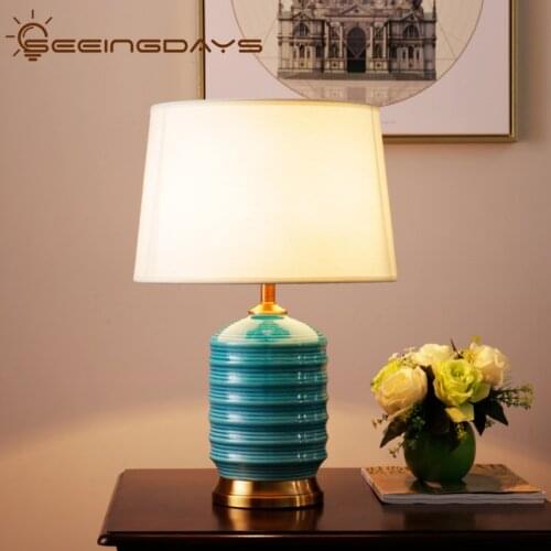 Nordic Simple Blue Ceramic Table Lamp for Bedroom Living Room Study Room Bedside Lamp Household Decorative Ceramic Table Lamp