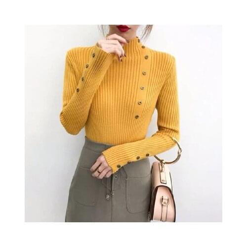New Fashion Button Turtleneck Sweater Women Spring Autumn Solid Knitted Pullover Women Slim Soft Jumper Sweater Female Knit Tops