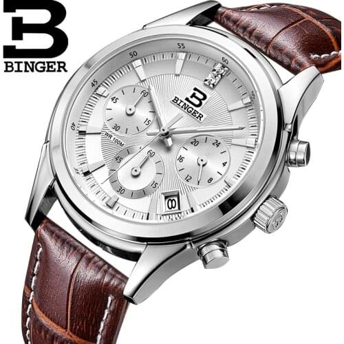Switzerland BINGER Mens Watch Luxury Brand Quartz waterproof Genuine Leather Strap auto Date Chronograph Male Clock BG6019-M
