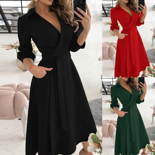 Women Dresses 2021 Fashion Pure Color V-neck Lacing Slim Body Wrap Hips Long Dress Belt Irregular Dress Elegant Office Lady