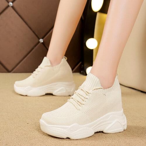Women Sneakers Mesh Casual Platform Trainers White Shoes 9CM Heels Autumn Wedges Breathable Woman Height Increasing Shoes 2021