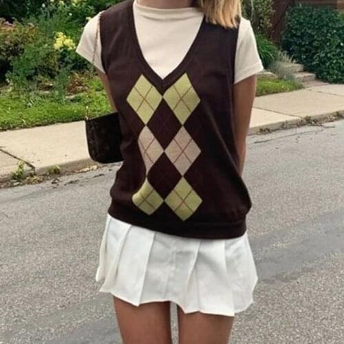 Argyle Pattern V Neck Knitted Sweater Vest Women 2020 Autumn Sleeveless Plaid Casual Knitted Pullover y2k Top Streetwear Outfit